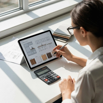 Person planning a kitchen renovation budget on a tablet with blueprints and samples