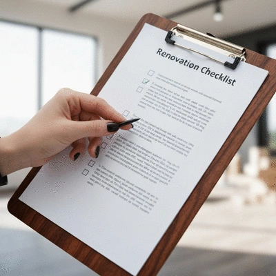 Close-up of a hand checking off items on a renovation checklist on a clipboard
