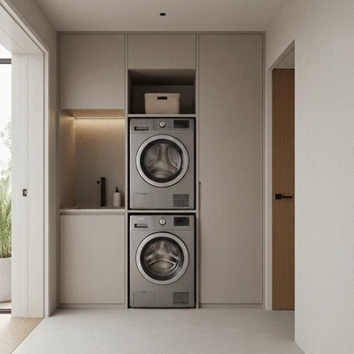 Sleek stacked washer and dryer units in a compact bright space