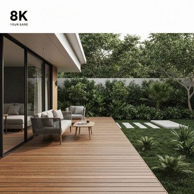 Beautiful outdoor wooden deck with patio furniture in a Queensland home