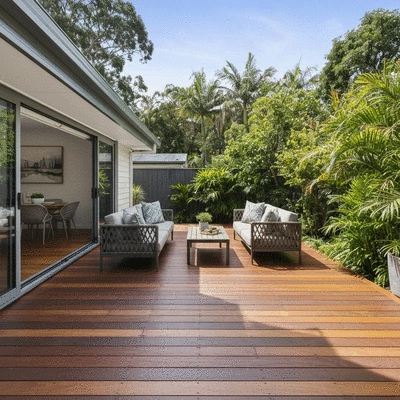 Beautifully renovated outdoor deck with wooden furniture and plants