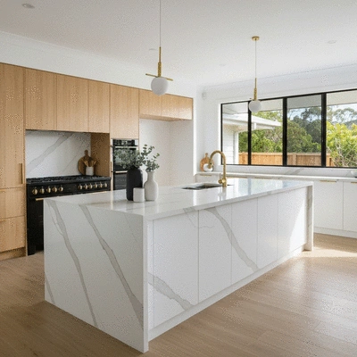 Modern luxury kitchen renovation with marble island