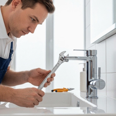 Professional plumber installing new bathroom faucet
