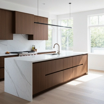 Modern luxury kitchen renovation with marble countertops