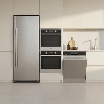 Sleek, modern kitchen appliances (refrigerator, oven, dishwasher) in a contemporary kitchen setting, no text, no words, no typography, clean image, high resolution