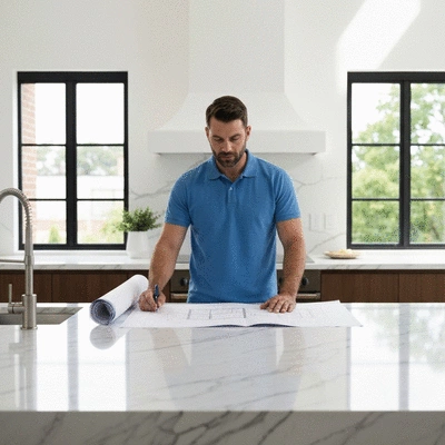 Professional builder reviewing blueprints on a kitchen island