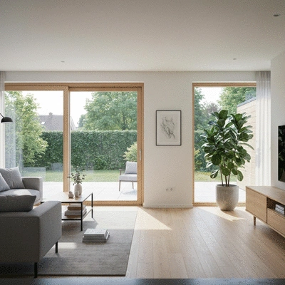Modern renovated living room with clean lines and natural light