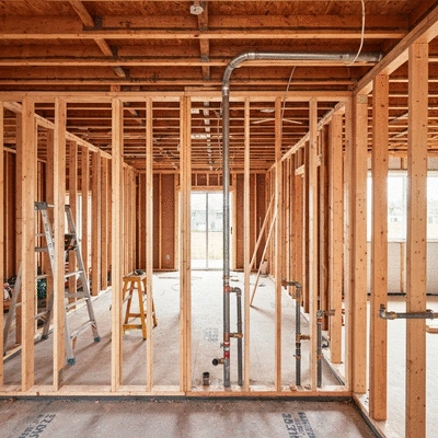 Modern home interior under construction with exposed wooden framing
