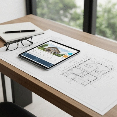 Architectural blueprints and a digital tablet on a wooden table