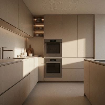 Minimalist kitchen with integrated appliances and warm neutral colors