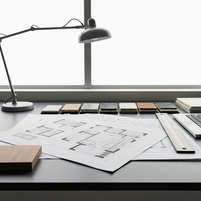 Interior designer reviewing floor plans and material samples on a wooden table