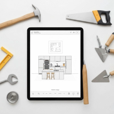 Modern kitchen design plan on a tablet with construction tools in the background, no text, no words, no typography, clean image, high resolution