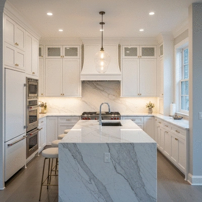 Modern luxury kitchen renovation with high-end appliances and marble countertops