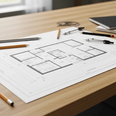 Detailed architectural floor plan on a wooden desk with a magnifying glass