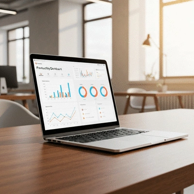 Professional using a sleek laptop in a modern office showing a colorful dashboard