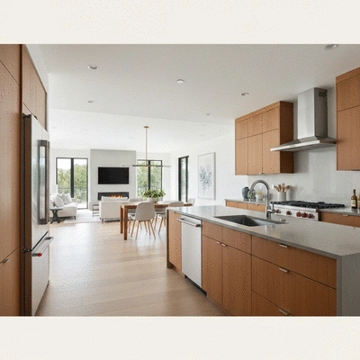 Modern kitchen interior with sleek design and natural light