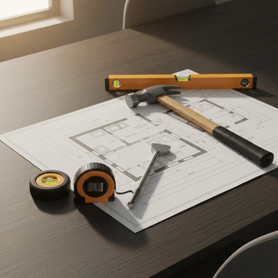 Architectural blueprints and construction tools on a table, symbolizing renovation planning