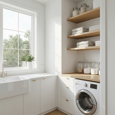 Modern luxury laundry room with white cabinetry and wooden accents