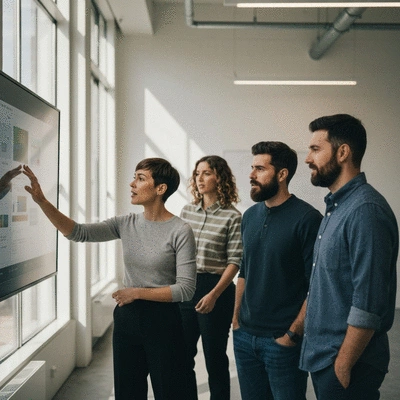 Diverse team in a bright creative studio collaborating over a large digital screen
