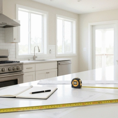 Modern home interior under renovation with clean tools and planning documents