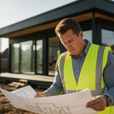 Professional builder reviewing blueprints on a sunlit construction site in Queensland