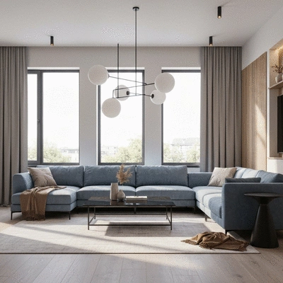 Modern renovated living room with natural light and stylish furniture, no text, no words