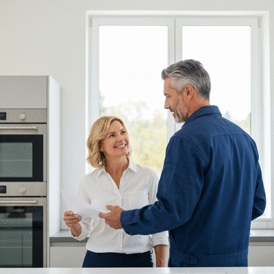 Professional builder discussing renovation plans with homeowner in a bright kitchen