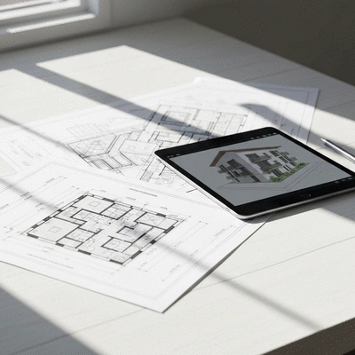 Professional architectural blueprints and a digital tablet on a wooden desk