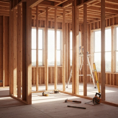 Modern home interior under construction with exposed wooden framing and tools