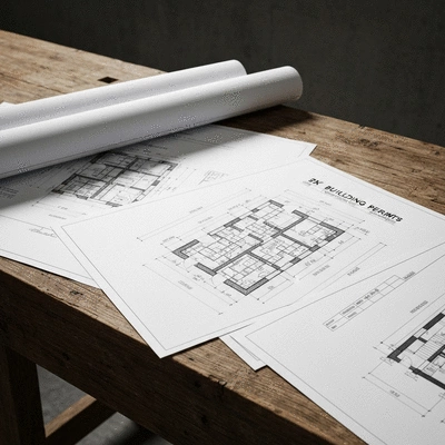 Professional contractor reviewing blueprints and architectural plans on a wooden table