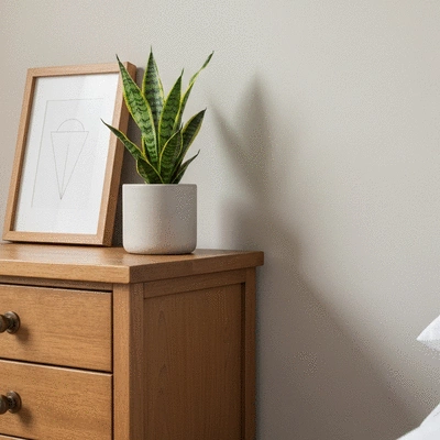 Handmade wall art and refurbished wooden nightstand in a cozy bedroom